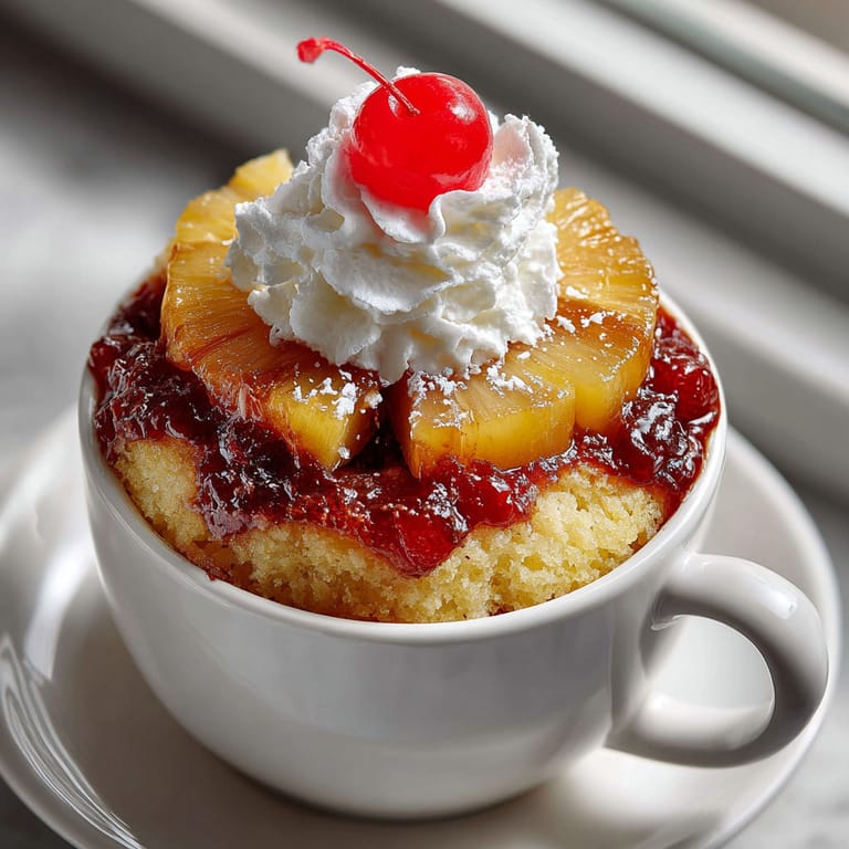 A cup of pineapple upside-down cake with whipped cream.