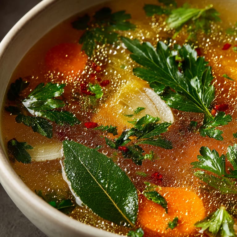 A bowl of soup with carrots and green herbs.