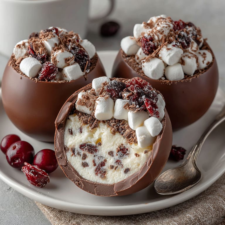 A plate with three chocolate cups filled with marshmallows and raspberries.