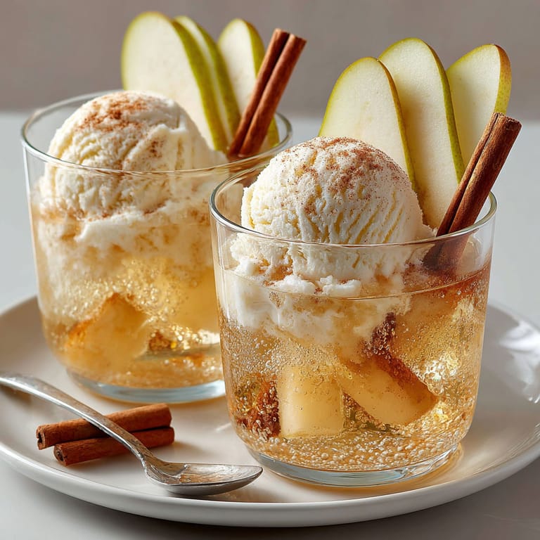 Two glasses of spiced pear soda with apple slices.