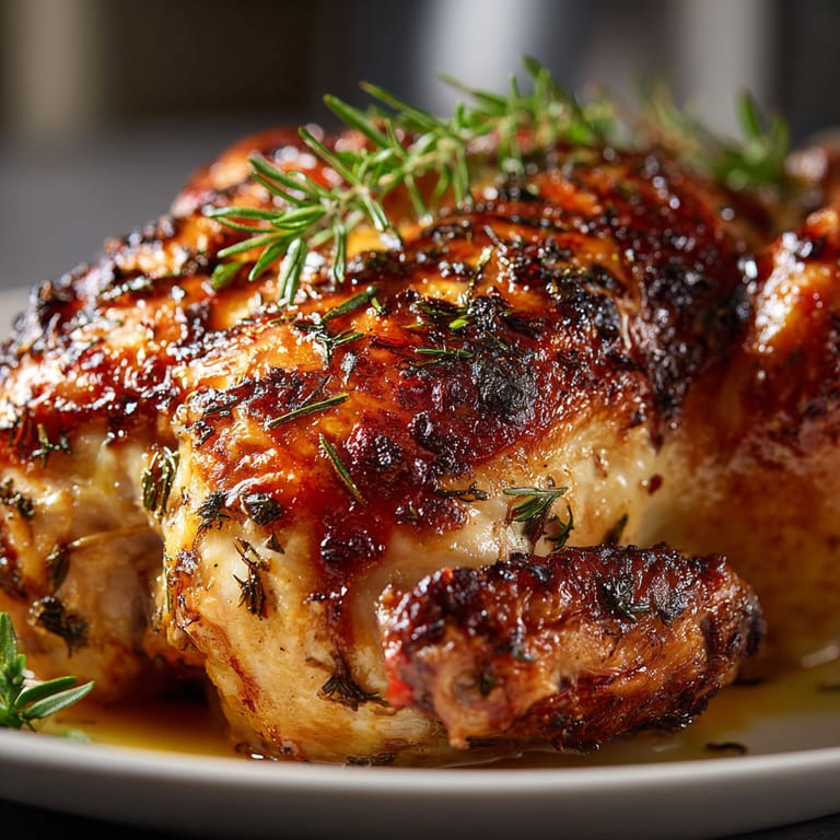 A close up of a spatchcocked herb roasted chicken.
