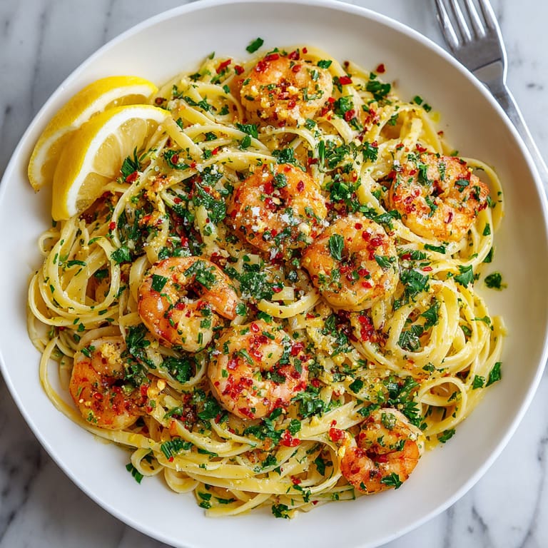 A bowl of pasta with shrimp and red peppers.