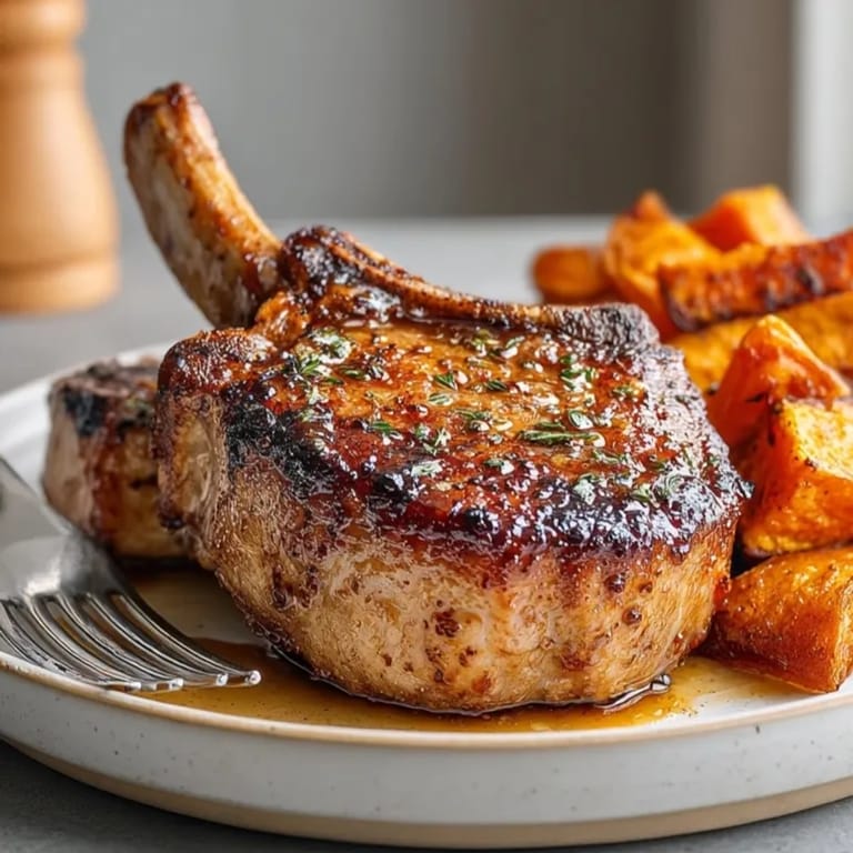 Pan-seared maple glazed pork chops recipe, golden brown and ready to serve with sweet potatoes.