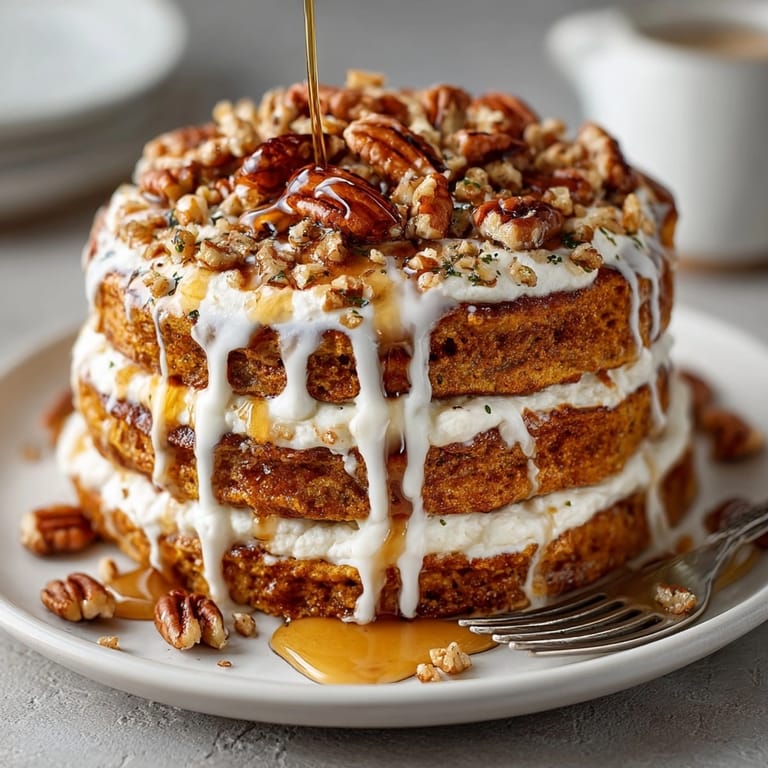 Warm, golden Pumpkin Cream Cheese Pancakes dripping with syrup, a perfect autumnal treat.