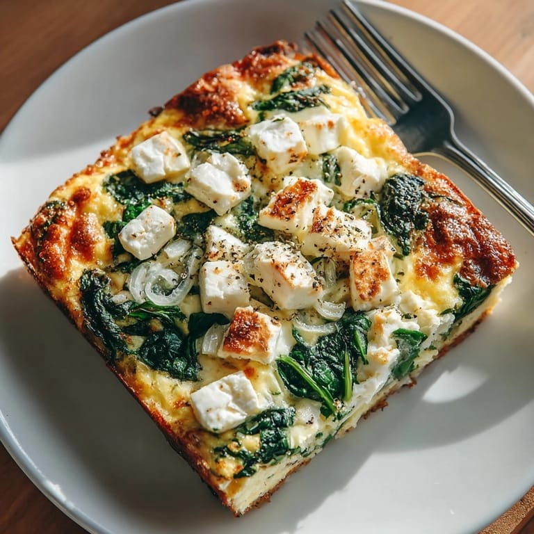 Creamy Spinach & Feta Breakfast Bake recipe, bubbling with melted cheese and herbs.