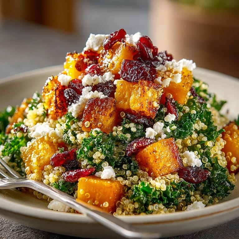 Close-up of Autumn Harvest Quinoa Salad, speckled with dried cranberries and nuts.