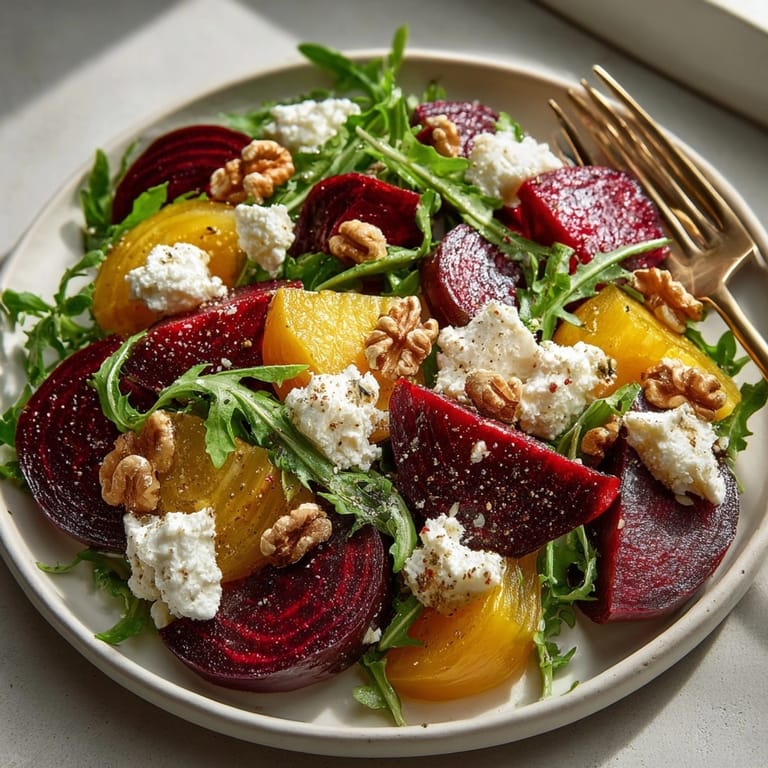 Golden Roasted Beet and Goat Cheese Salad with crumbled nuts, ready to serve.