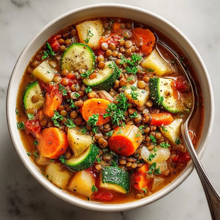 Close up of the hearty Lentil & Vegetable Stew recipe, ready for a comforting meal.