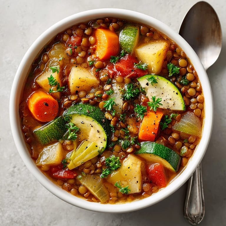 Rustic spoon scoops up thick, steaming Hearty Lentil & Vegetable Stew, a perfect autumn dish.