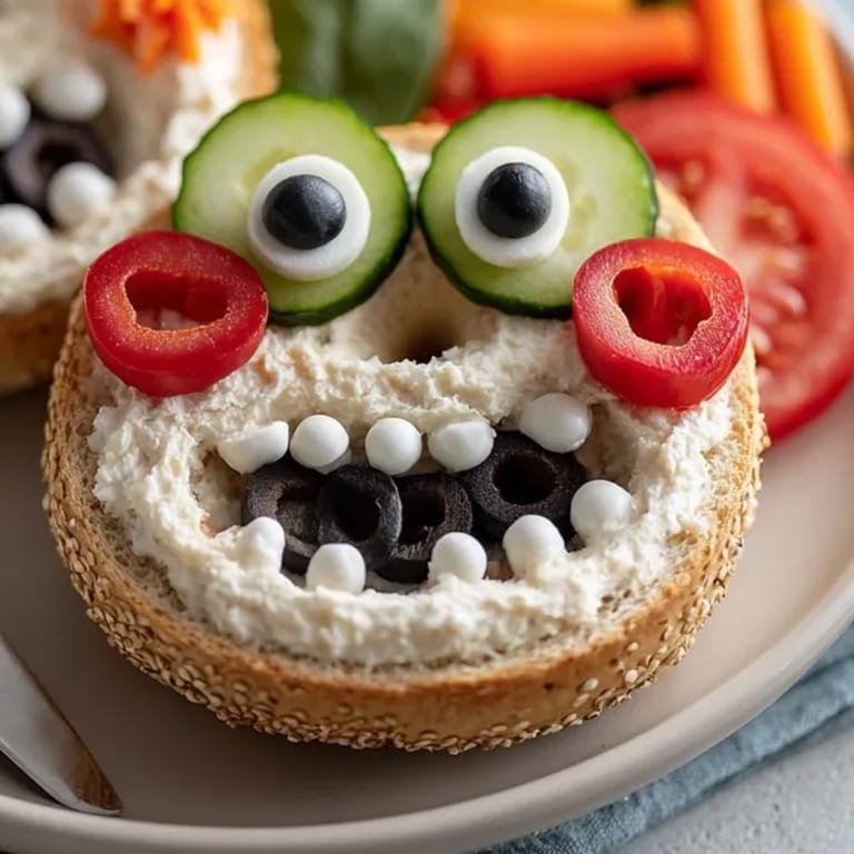 Kids will love these Monster Face Bagels, topped with fresh, crunchy vegetables.