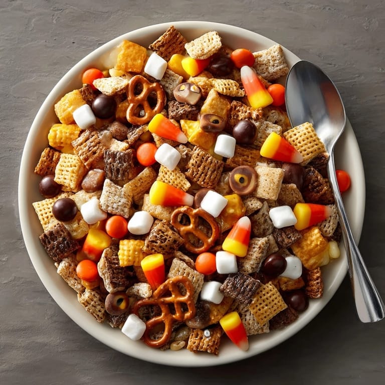 Bowlful of homemade Monster Mash Snack Mix, perfect for spooky season celebrations and snacking.