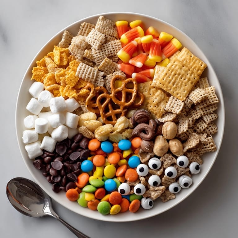 Festive, eye-catching Monster Mash Snack Mix recipe, filled with colorful candies and salty crunch.