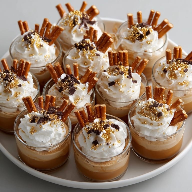 Festive Butterscotch Pudding Shots recipe, prepared with butterscotch schnapps and garnished with gold sprinkles.