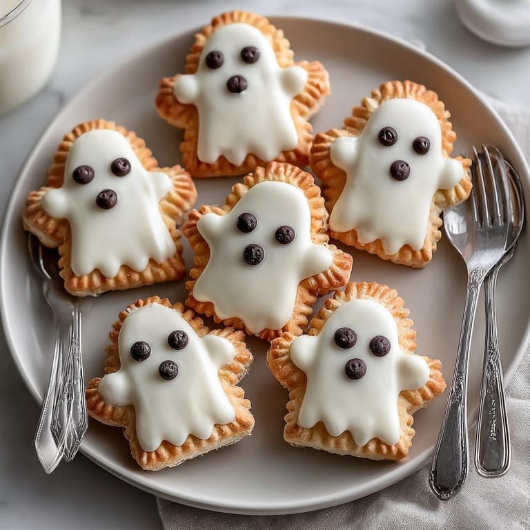 Iced Homemade Ghost Pop-Tarts; flaky pastry decorated with chocolate chip ghostly faces, ready to eat.