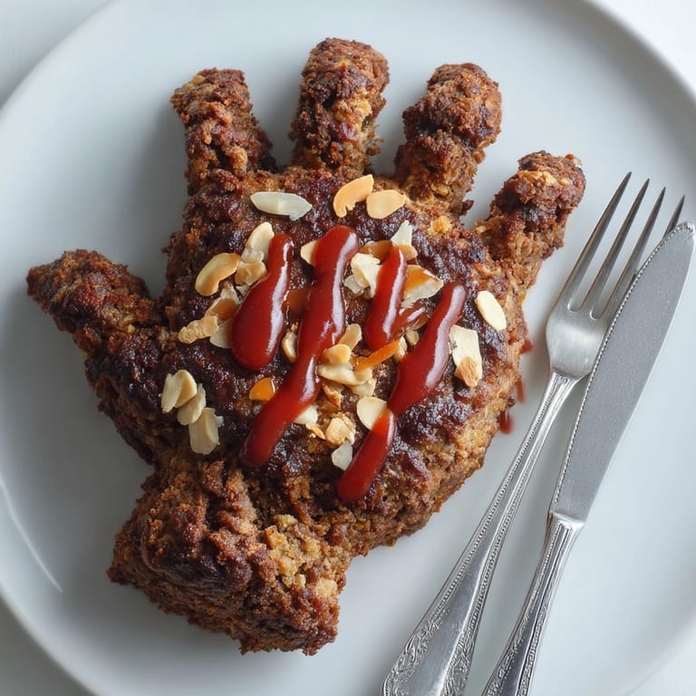 Halloween treat: Savory Zombie Meatloaf Hand with ketchup glaze, detailed knuckles, and scary presentation.