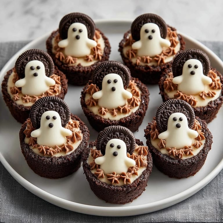 Adorable homemade mini ghost cheesecake cups, ready to chill, display ghostly white chocolate decorations.