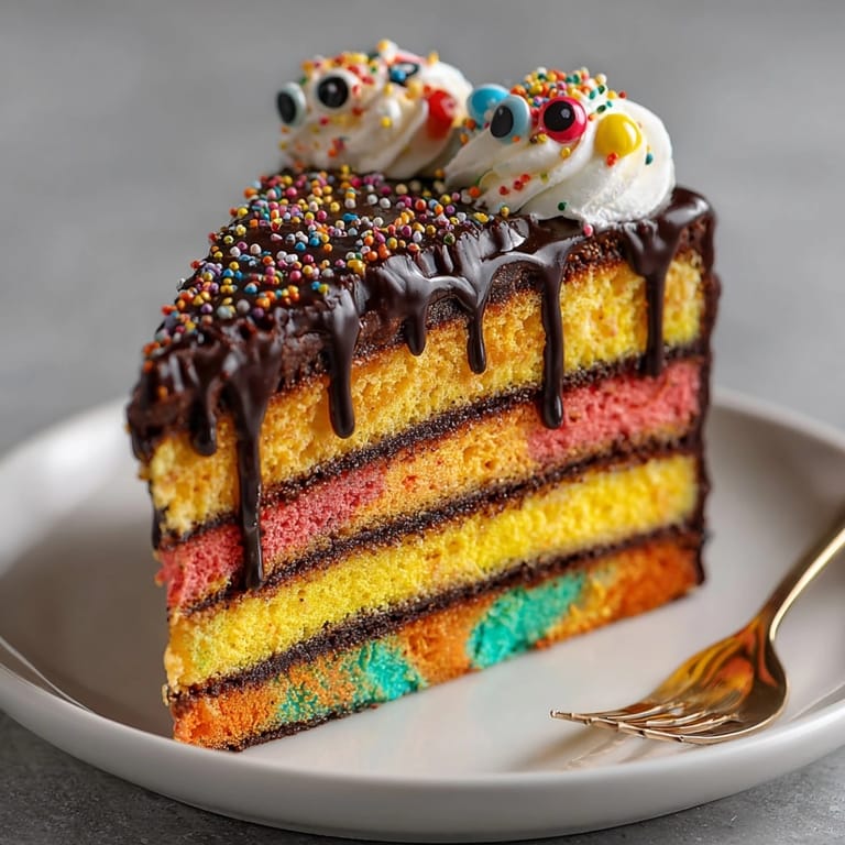 Stacked Neon Monster Drip Layer Cake with vivid buttercream stripes and a glossy chocolate cascade.