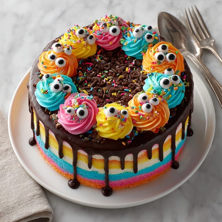 Homemade Neon Monster Drip Layer Cake features five flavorful layers and chocolate ganache slowly dripping.