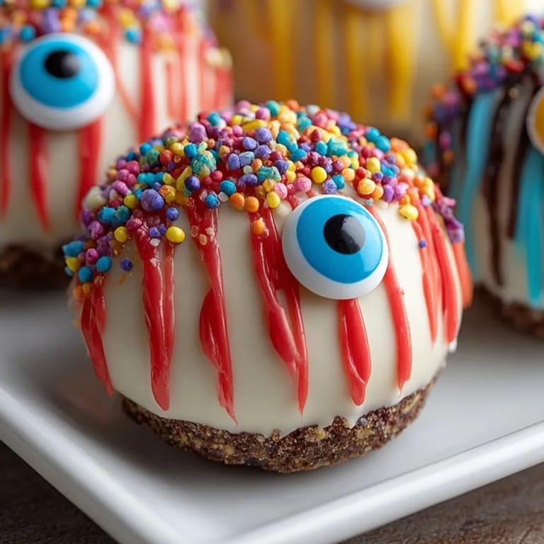 Easy recipe for festive Monster Donut Hole Eyeballs, featuring red icing and candy pupils.