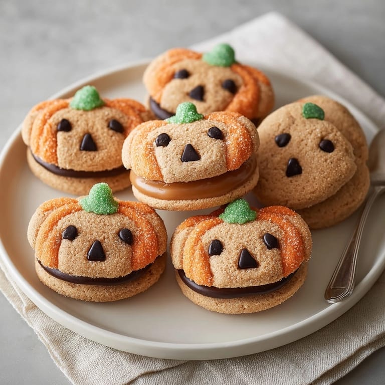 Close-up of soft baked Caramel-Filled Jack-o'-Lantern Cookies with melted caramel oozing.