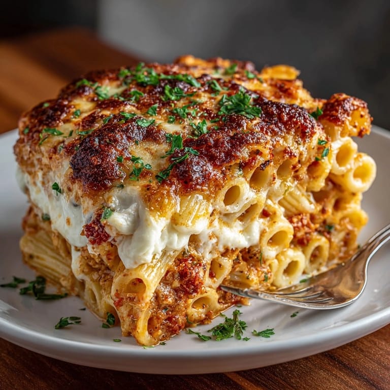 Close-up shot highlighting the rich tomato sauce and perfectly melted mozzarella in Budget Baked Ziti.