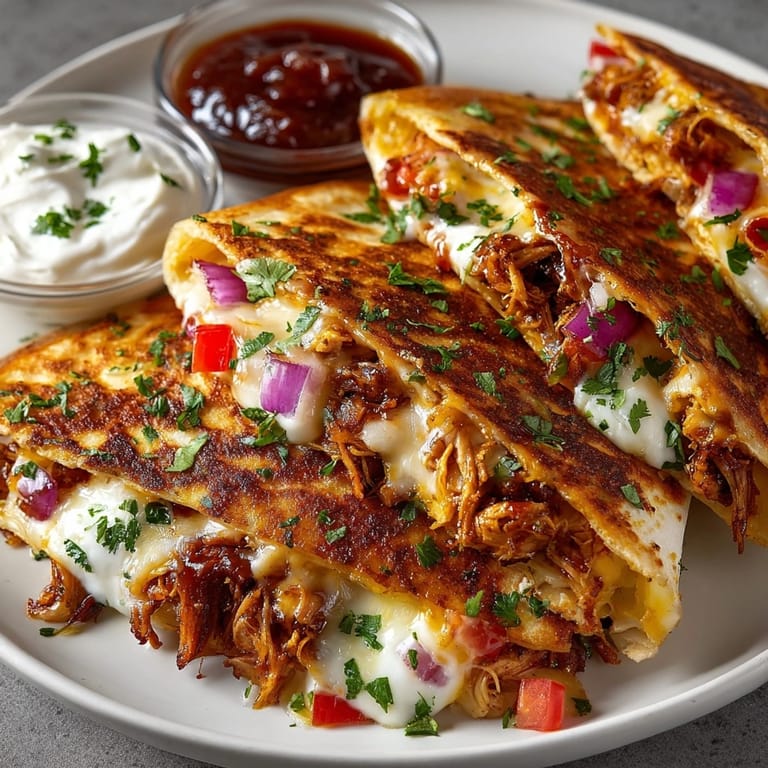 A sliced BBQ Chicken Quesadilla ready to serve with sour cream, offering a delightful taste.