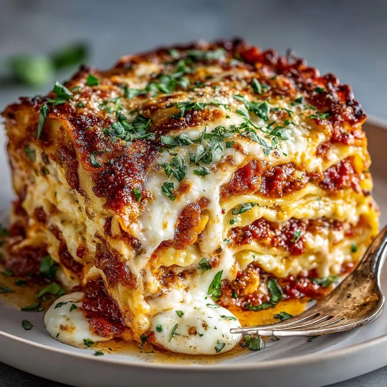 Easy Lazy Lasagna recipe with ravioli features bubbling cheese; see serving suggestions.