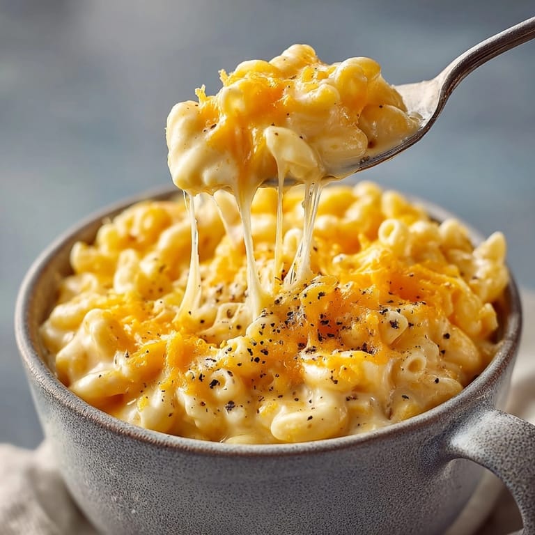 Quick single-serving Microwave Mac and Cheese, bubbly and cheesy, cooked fast in a mug.
