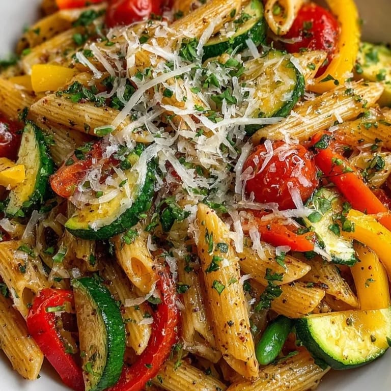 Top-down view of delicious Pasta Primavera Express, garnished with fresh basil and parmesan.