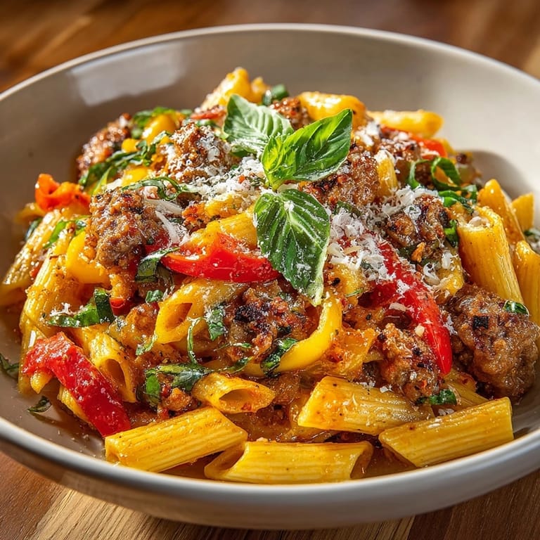 Homemade spicy sausage pasta with peppers in a pan, simmering and bursting with flavor.