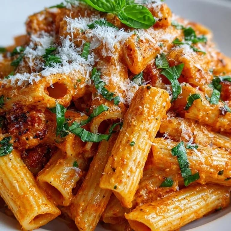 Close-up of Creamy Tomato Basil Pasta, glistening sauce clings to al dente penne.