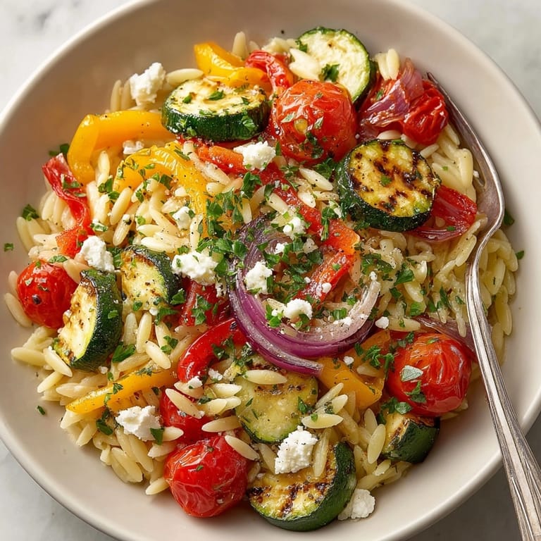 Preparing flavorful Orzo with Roasted Vegetables and Feta, ready for a simple vegetarian meal.