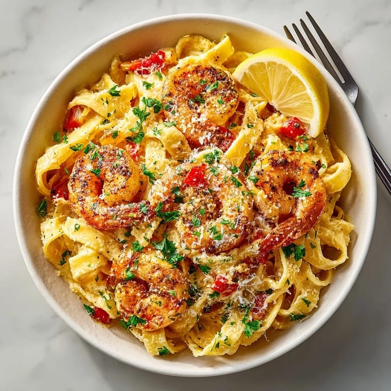 Savor the rich, creamy goodness of homemade Creamy Cajun Shrimp Pasta; parsley garnish.