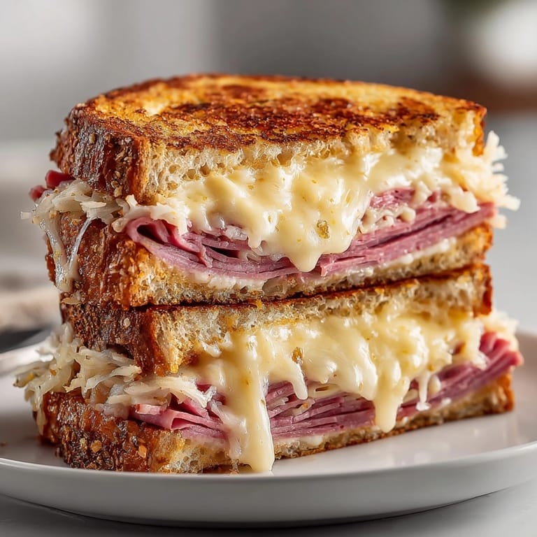 Close-up of a buttery Reuben Grilled Cheese with layers of tangy, savory fillings.