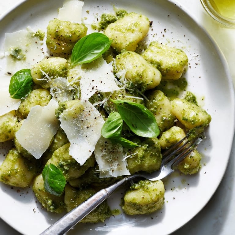 Creamy 15-Minute Pesto Gnocchi: Soft potato dumplings coated in vibrant green pesto, ready to serve.
