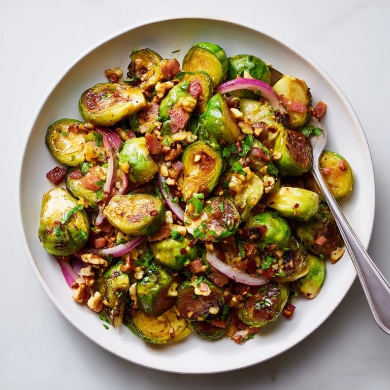 A bowl of savory Warm Brussels Bacon Salad, invitingly plated for an autumn dinner.