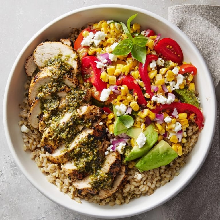 Grilled Pesto Chicken &amp; Corn Salsa Bowls with creamy avocado garnished with fresh basil leaves.
