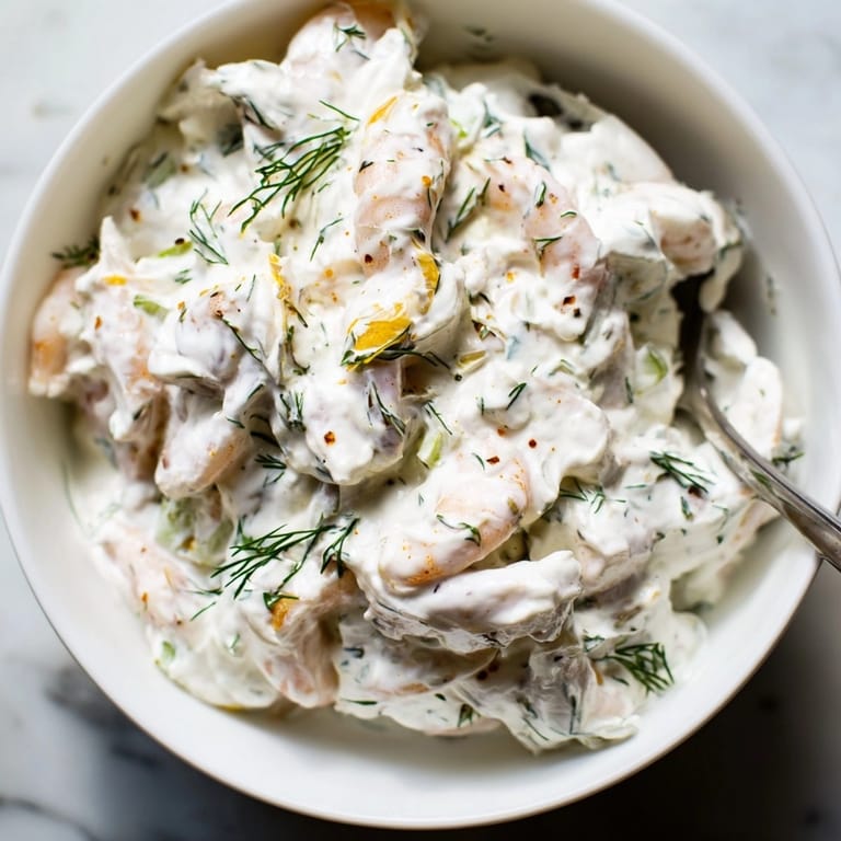 Tangy Shrimp Dill Yogurt Dip, a flavorful appetizer with chopped shrimp visible within.