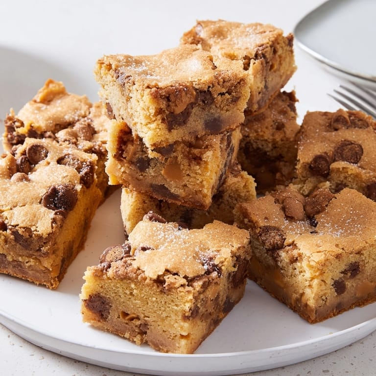 Close-up of Peanut Butter Toffee Blondies showing gooey texture, toffee pieces, ready to eat.