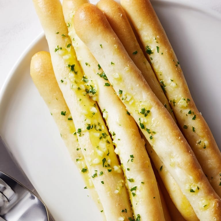 Close-up of crusty, fragrant Garlic Onion Breadsticks, showcasing the golden-brown texture.