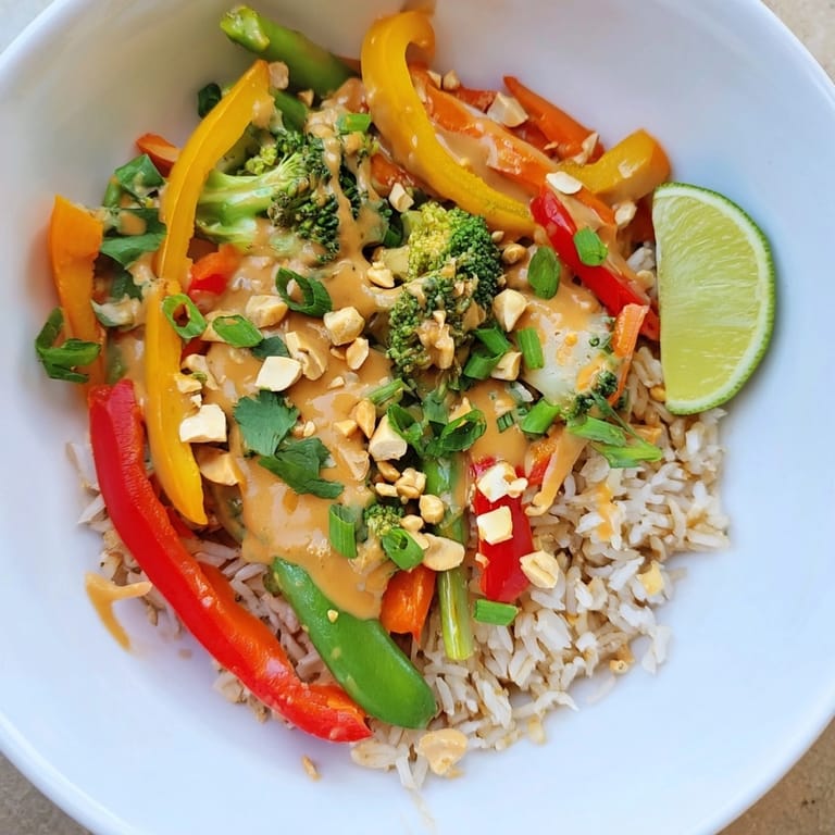 Easy Thai Peanut Veggie Stir Fry Rice recipe with fresh vegetables and garnishes.