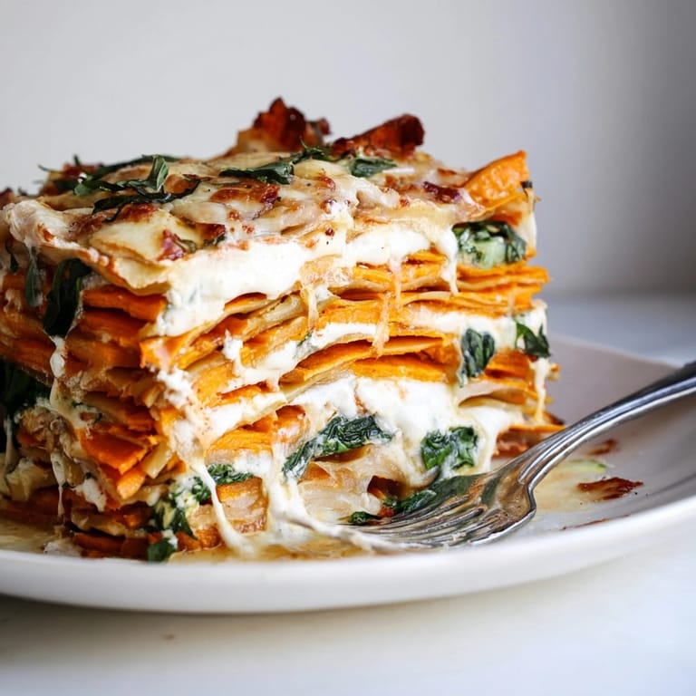 Homemade Alfredo Sweet Potato Lasagna, a comforting baked dish perfect for weeknight dinner.