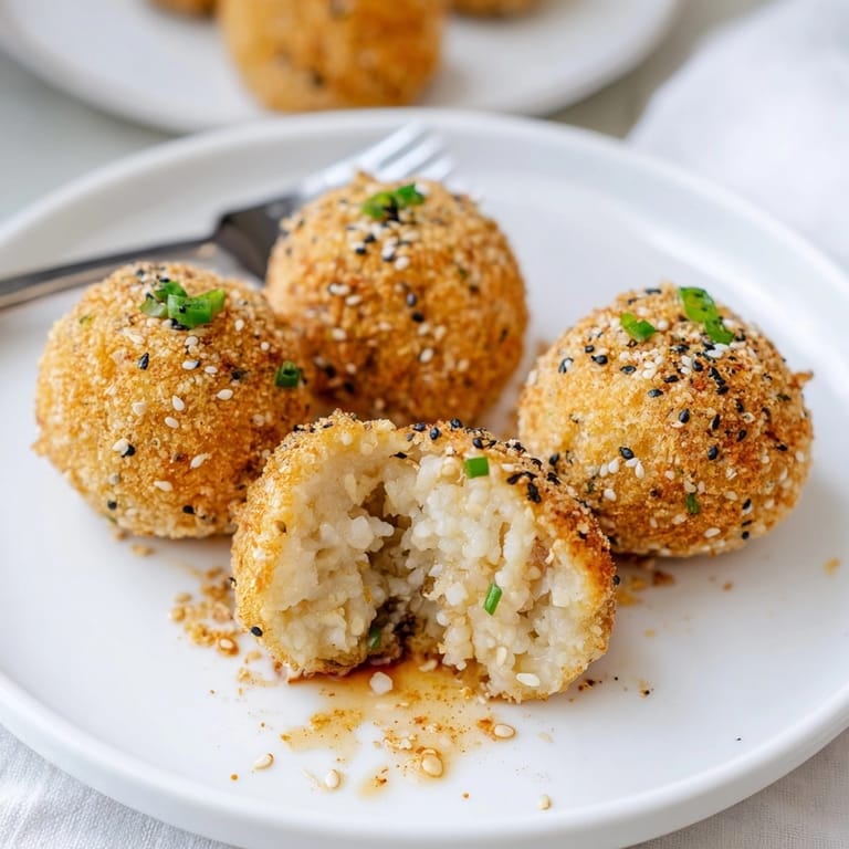 Hot, freshly fried Japanese sesame-fried rice balls, garnished with scallions and chili powder.