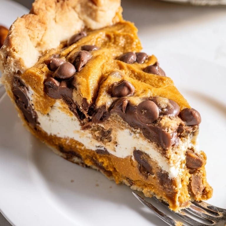 A slice of warm Pumpkin Chocolate Chip Cookie Pie with a flaky crust and gooey center.