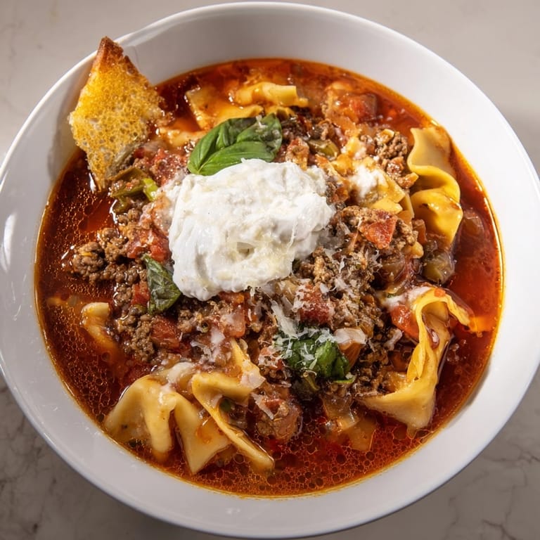 Warm, hearty Lasagne Soup ladled into bowls, served besides golden cheesy garlic bread.