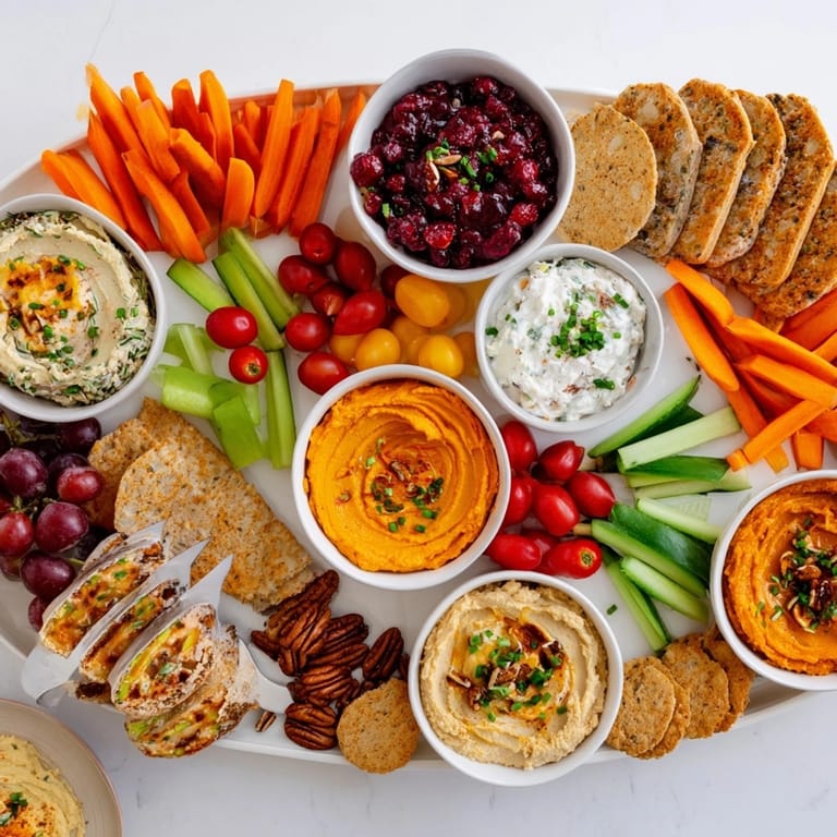 Golden-brown Thanksgiving Dip Board ready to serve, featuring creamy dips and festive autumn garnishes.