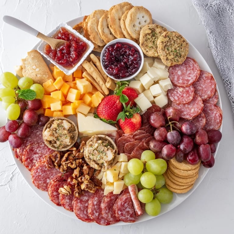 Close-up of a Charcuterie Board with Mini Festive Cheesecakes, arranged for holiday entertaining.