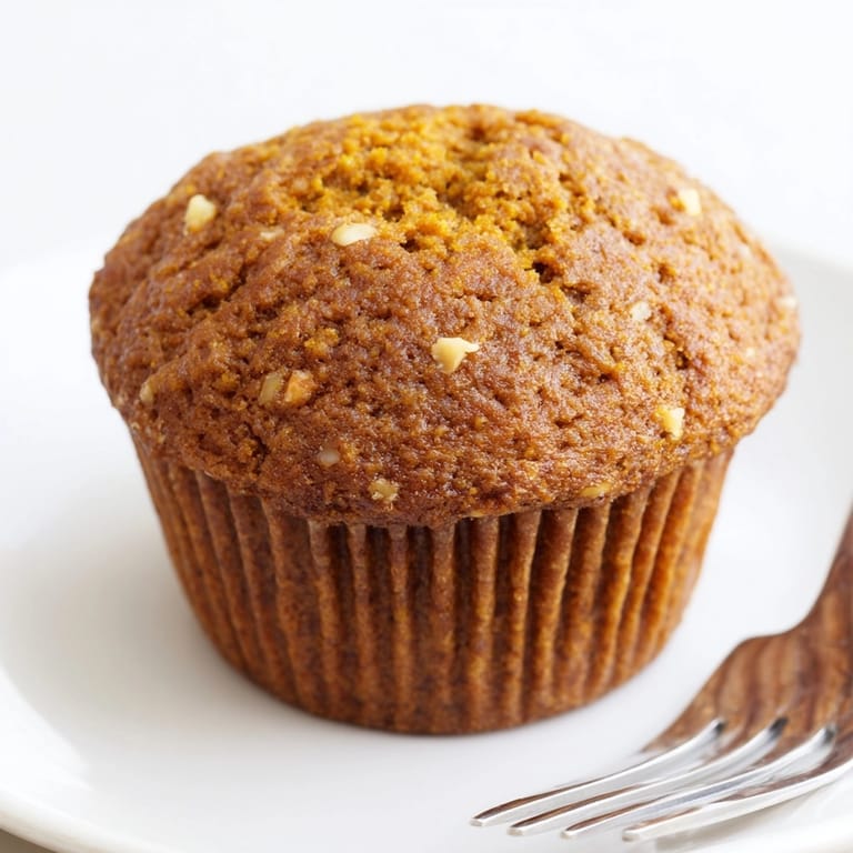 A batch of warm, spiced Ginger-Spiced Pumpkin Muffins with chopped pecans and raisins.