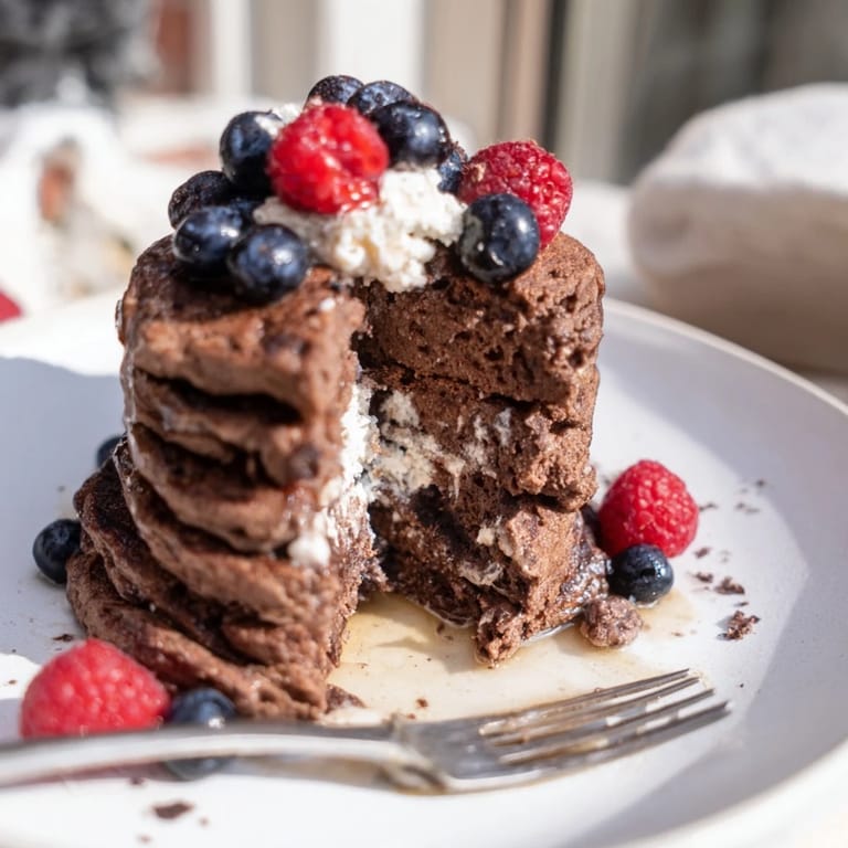 Decadent Protein Chocolate Ricotta Pancakes served warm, featuring rich chocolate and creamy texture.  