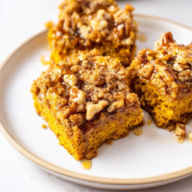 Savory-sweet Cinnamon Maple Pumpkin Bars, ideal for cozy autumn desserts or snacks.
